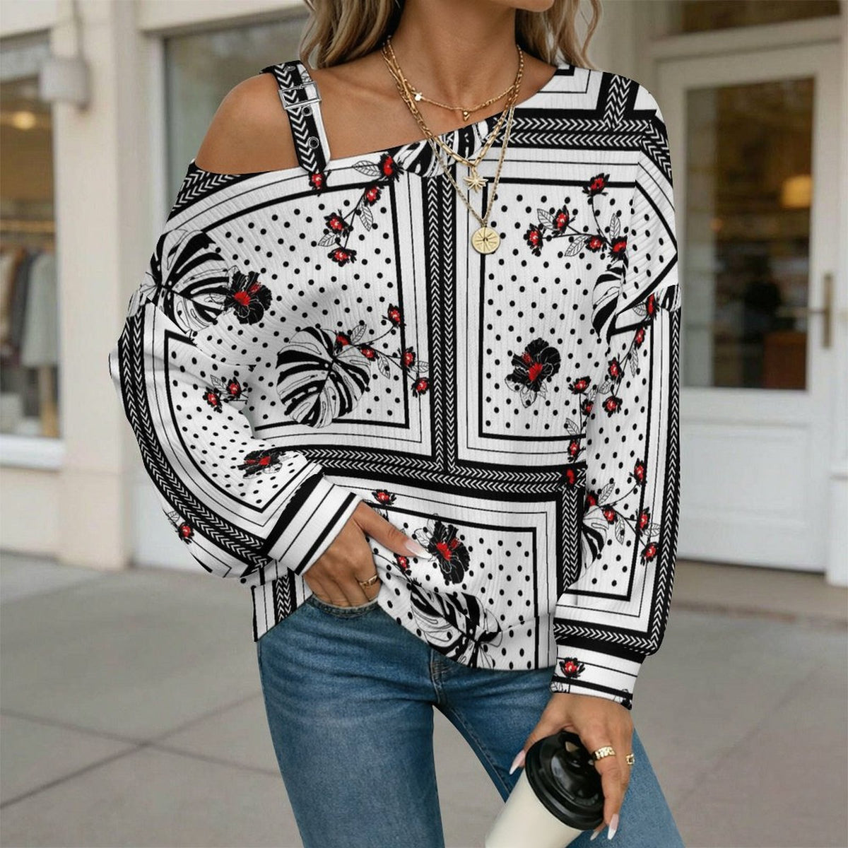 Fall Casual Asymmetric Shoulder Knit Top with Buckle Detail European Retro Pattern