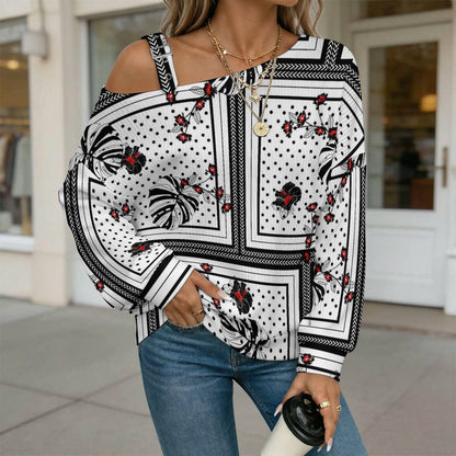 Fall Casual Asymmetric Shoulder Knit Top with Buckle Detail European Retro Pattern