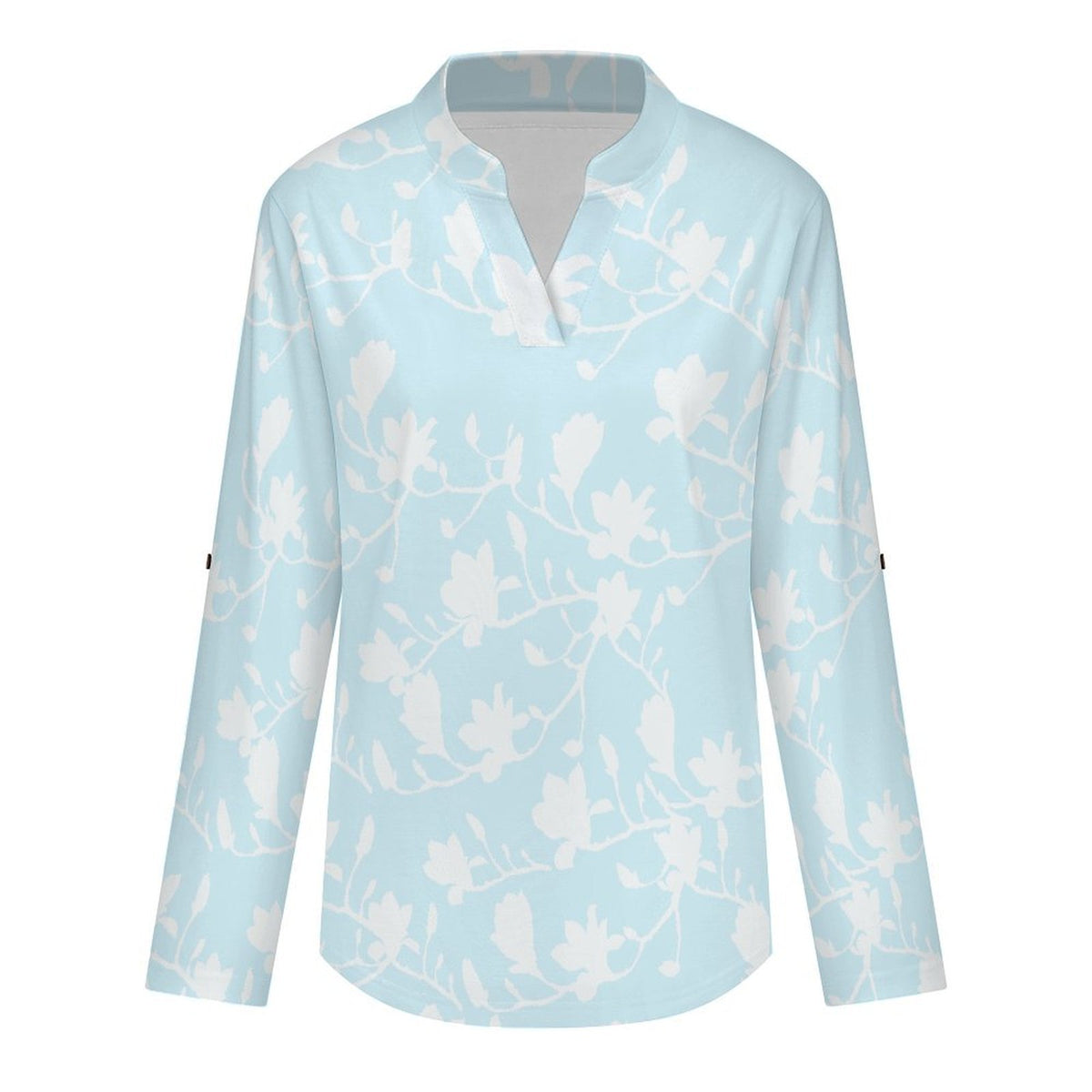 Flowers, Women's Clothing, Repeating Patterns  Versatile Notched V-Neck Tunic | Roll Tab 3/4 Sleeve Office Casual Top