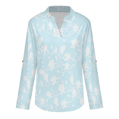 Flowers, Women's Clothing, Repeating Patterns  Versatile Notched V-Neck Tunic | Roll Tab 3/4 Sleeve Office Casual Top