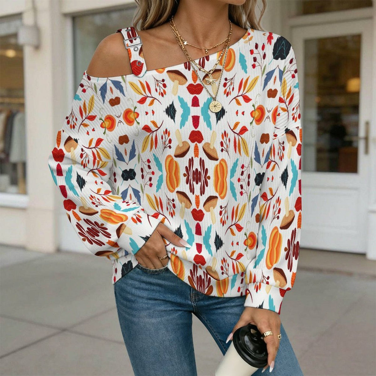 Off-the-shoulder SweaterHarvest, Autumn, Mushrooms, Patterns Women’s Off-Shoulder Knit Sweater