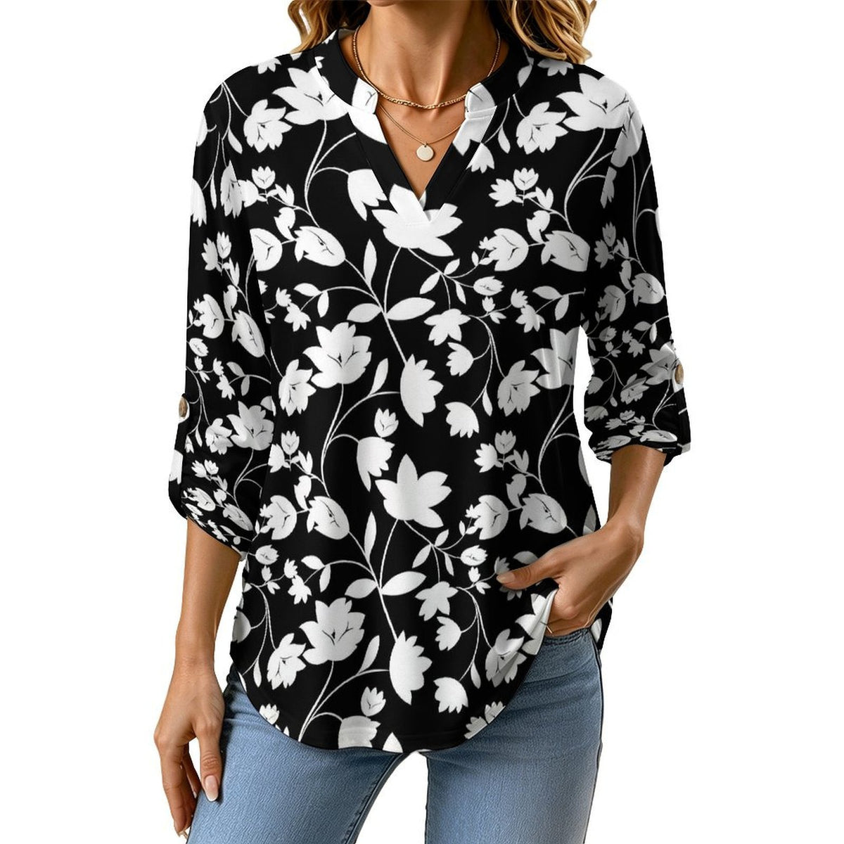 Flower  Versatile Notched V-Neck Tunic | Roll Tab 3/4 Sleeve Office Casual Top