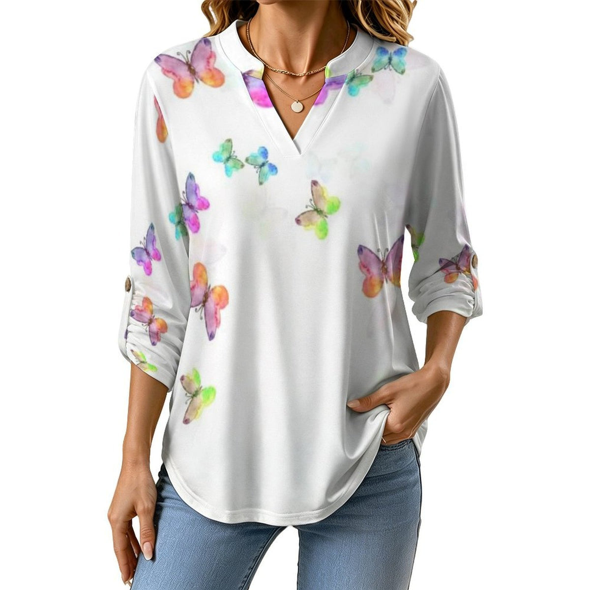 Watercolor Painting, Colored Butterfly Roll Tab 3/4 Sleeve Notched V Neck Tunic Blouse