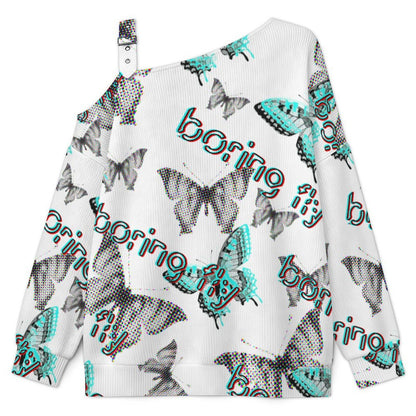 Buckle Strap Asymmetrical Off Shoulder Knit Sweater Fantasy World of Butterflies