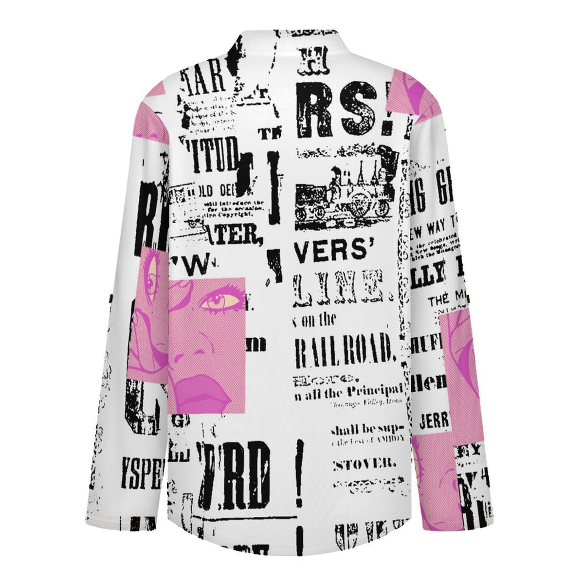 Stand-up Collar Long-sleeved Shirt Newspaper Vintage Dress white S Women’s V-Neck Blouses