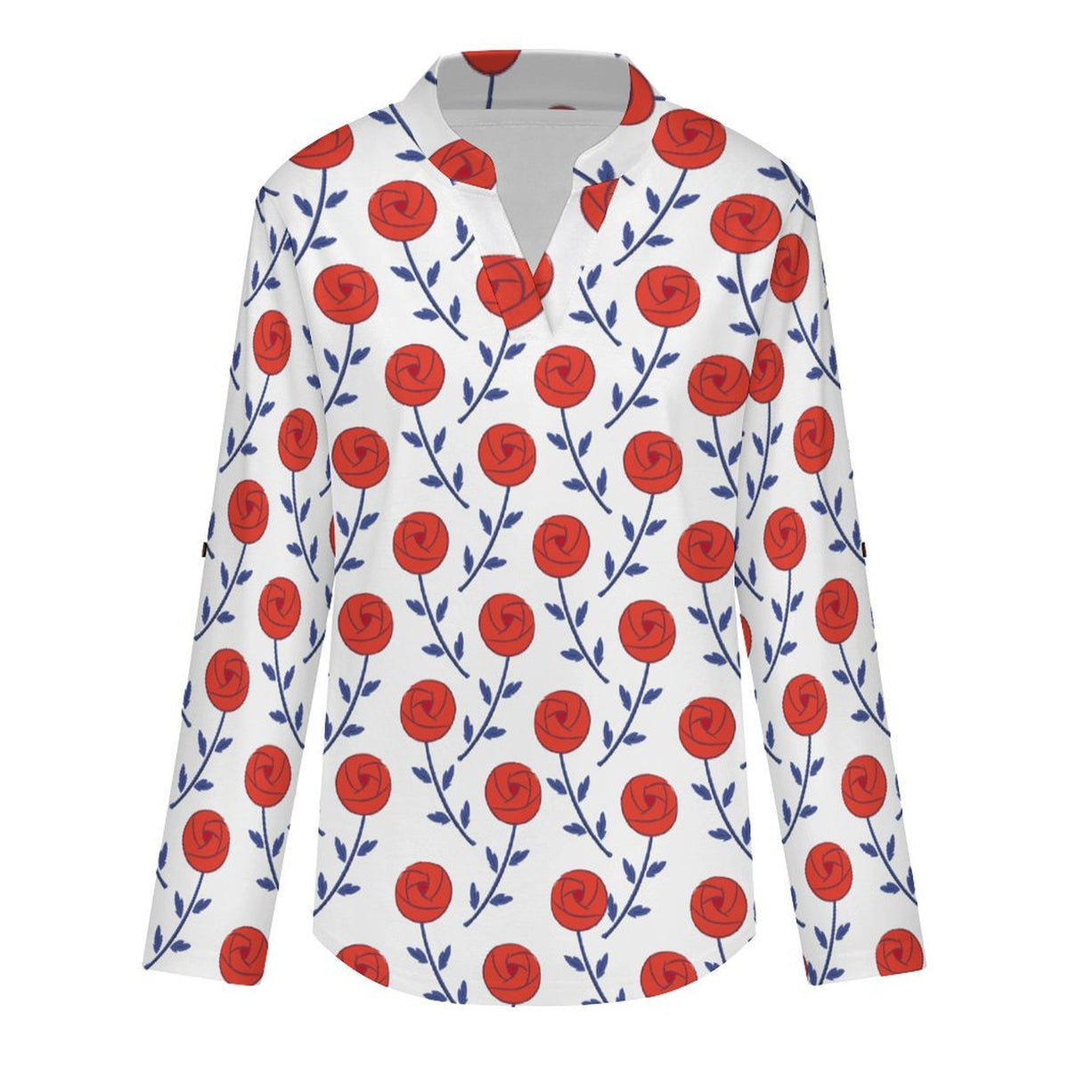 Rose, Repeating Pattern Roll Tab 3/4 Sleeve Notched V Neck Tunic Blouse