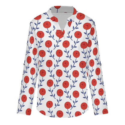 Rose, Repeating Pattern Roll Tab 3/4 Sleeve Notched V Neck Tunic Blouse