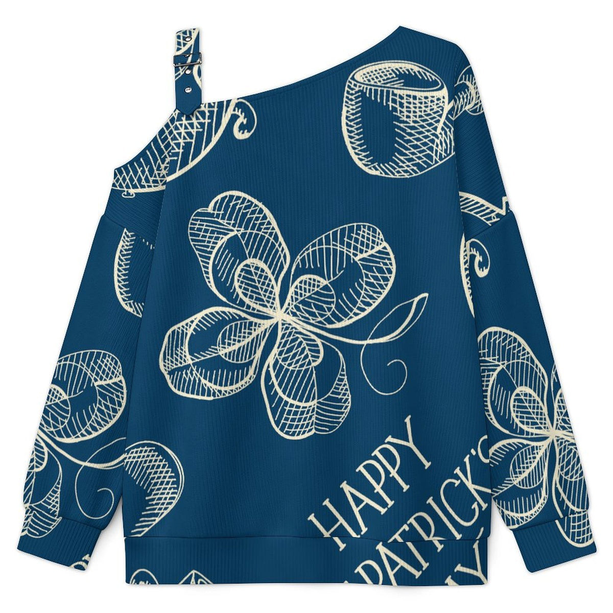 Blue, St. Patrick's Day, Pattern Fall Casual Asymmetric Shoulder Knit Top with Buckle Detail