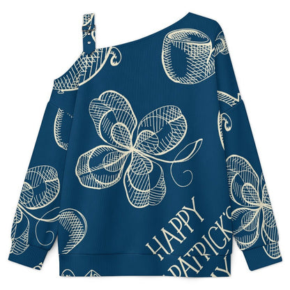 Blue, St. Patrick's Day, Pattern Fall Casual Asymmetric Shoulder Knit Top with Buckle Detail