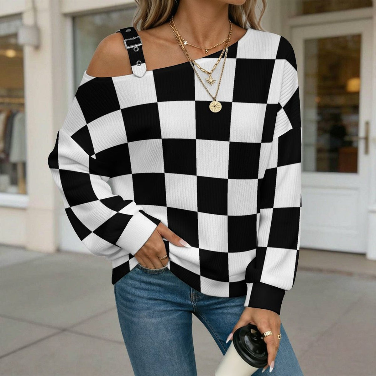 Fall Casual Asymmetric Shoulder Knit Top with Buckle Detail Black And White Checkerboard