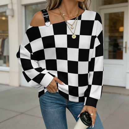 Fall Casual Asymmetric Shoulder Knit Top with Buckle Detail Black And White Checkerboard