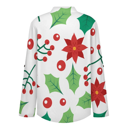 Women's Notched V Neck Tunic Tops, Roll Up 3/4 Sleeve Button Cuff Casual Blouse, Hem Loose Work Shirts  Christmas Repeat Pattern Red And Green