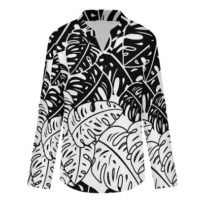 Women's Notched V Neck Tunic Tops, Roll Up 3/4 Sleeve Button Cuff Casual Blouse, Hem Loose Work Shirts  Leaves, Black, Repeating Pattern