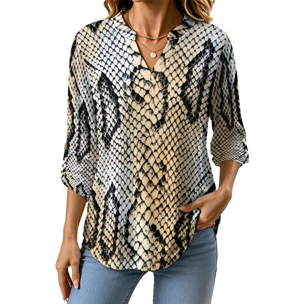 Versatile Notched V-Neck Tunic  Roll Tab 3/4 Sleeve Office Casual Top  Snakeskin Pattern, Repeating Pattern