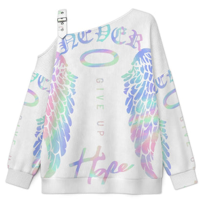 Fall Casual Asymmetric Shoulder Knit Top with Buckle Detail Colorful Wings, Hope
