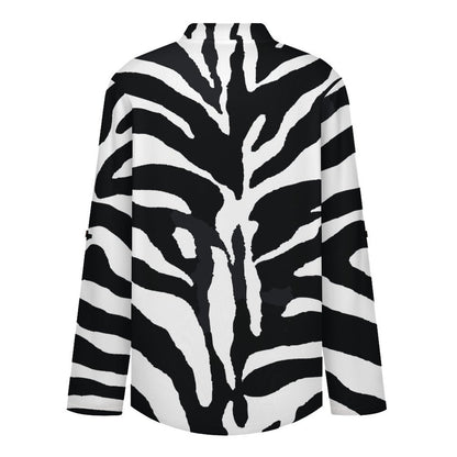 Black And White Zebra Print Roll Tab 3/4 Sleeve Notched V Neck Tunic Blouse