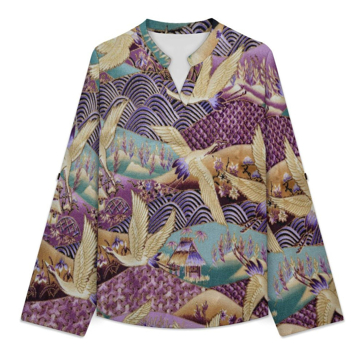 Chinese Style, Embroidery, Egret  Versatile Notched V-Neck Tunic | Roll Tab 3/4 Sleeve Office Casual Top