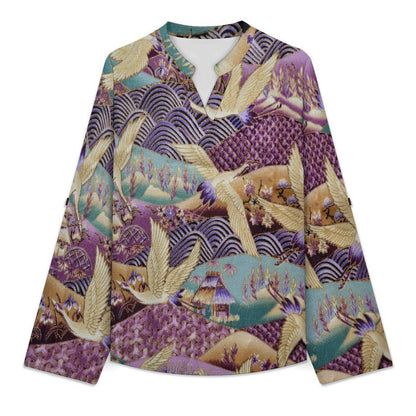 Chinese Style, Embroidery, Egret  Versatile Notched V-Neck Tunic | Roll Tab 3/4 Sleeve Office Casual Top