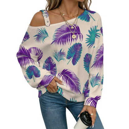 Purple Hemp Leaf Buckle Strap Asymmetrical Off Shoulder Knit Sweater