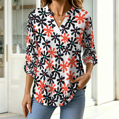 Floral, Repeating Pattern  Versatile Notched V-Neck Tunic | Roll Tab 3/4 Sleeve Office Casual Top