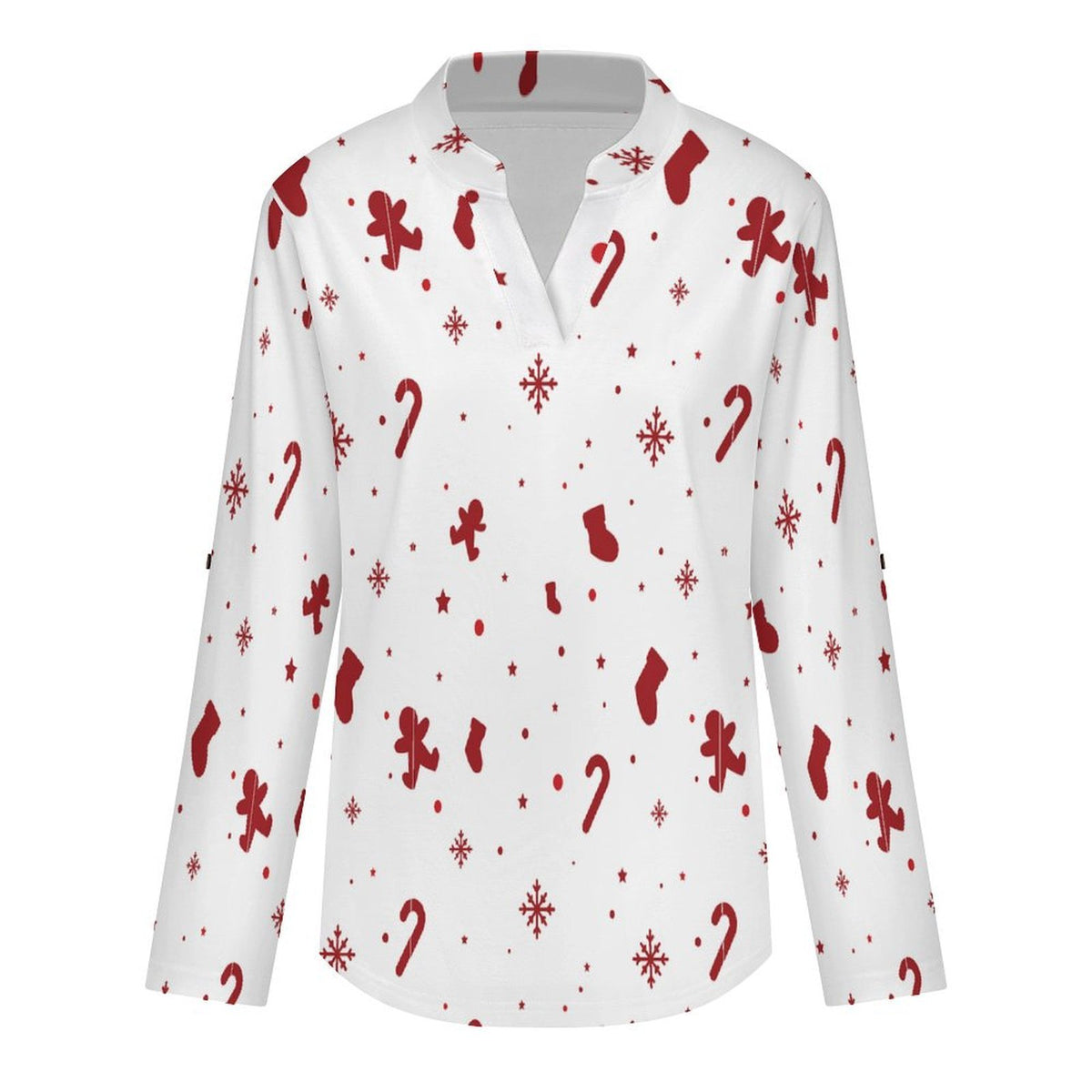 Versatile Notched V-Neck Tunic  Roll Tab 3/4 Sleeve Office Casual Top  Christmas Decorations