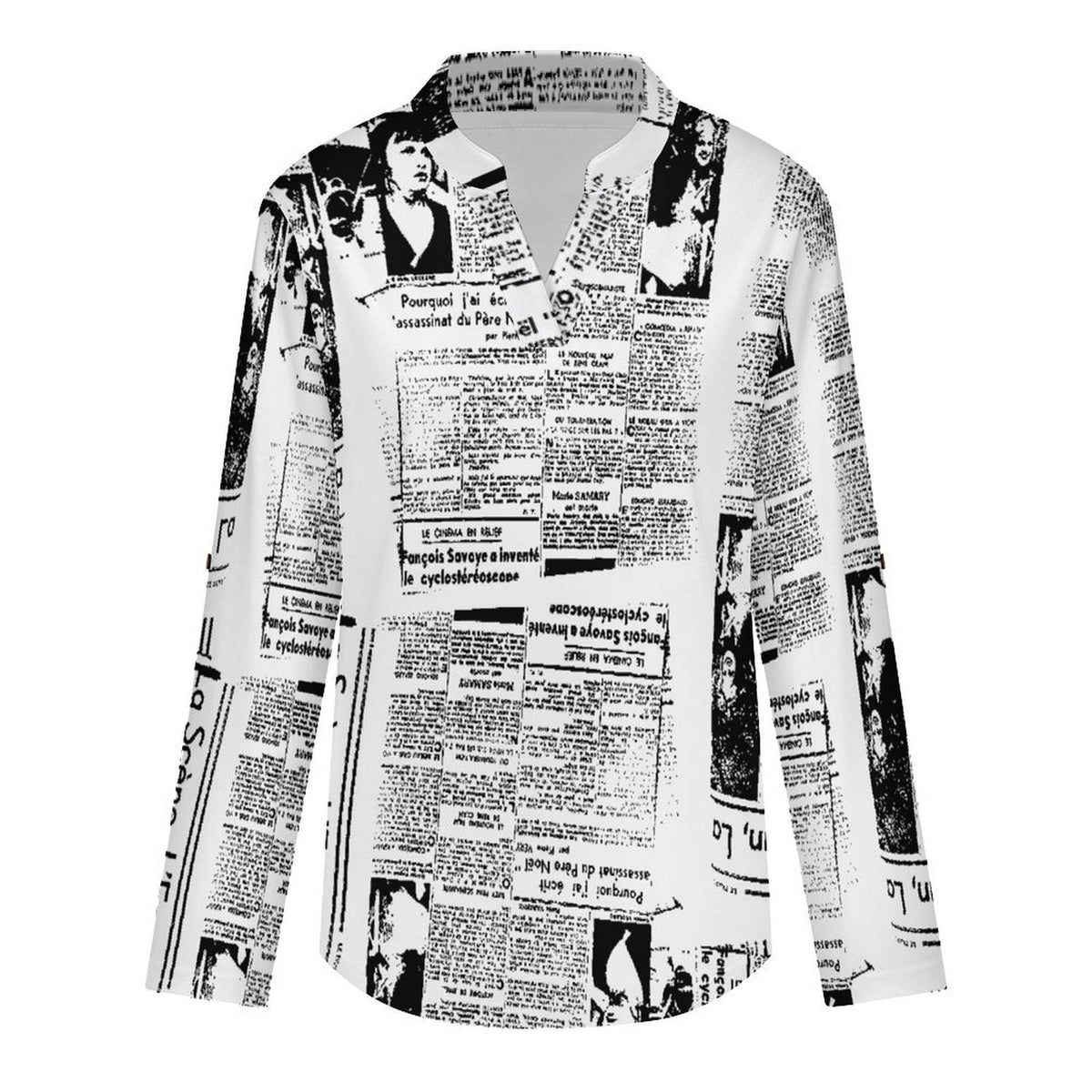 Newspaper Vintage Dress  Women Curved Hem V Neck Roll Sleeve Casual Work Top