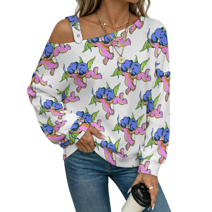 Buckle Strap Asymmetrical Off Shoulder Knit Sweater Octopus Angel Pattern