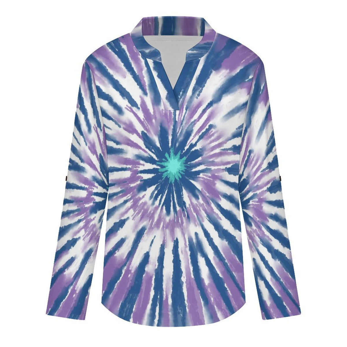 Women's Notched V Neck Tunic Tops, Roll Up 3/4 Sleeve Button Cuff Casual Blouse, Hem Loose Work Shirts  Tie-dye Radiation Blue Purple
