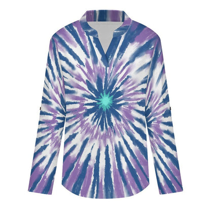 Women's Notched V Neck Tunic Tops, Roll Up 3/4 Sleeve Button Cuff Casual Blouse, Hem Loose Work Shirts  Tie-dye Radiation Blue Purple