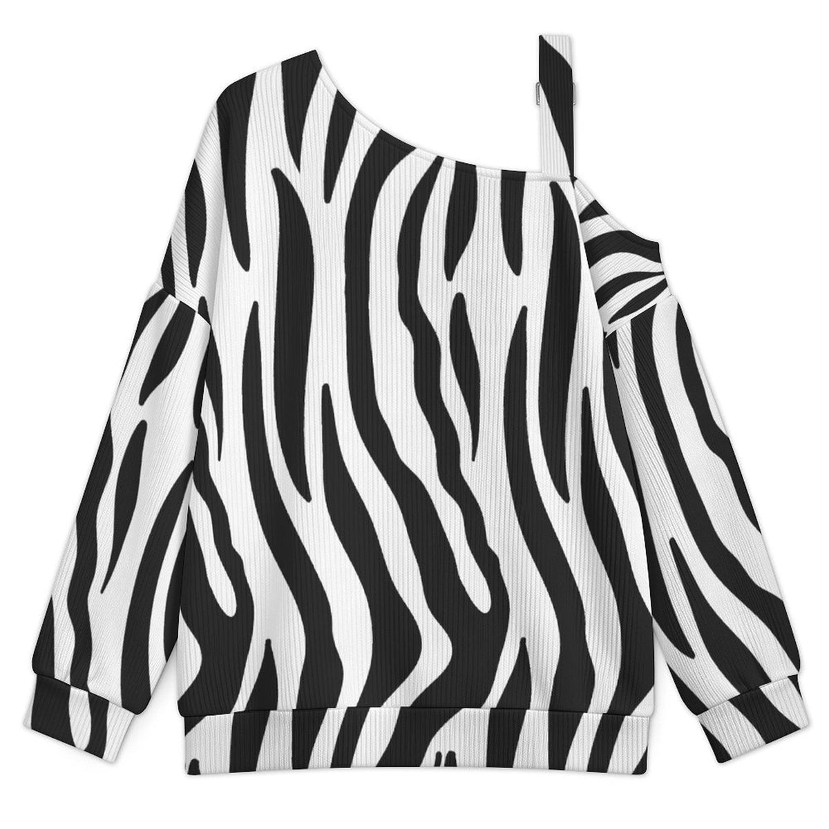 Black Zebra Pattern Fall Casual Asymmetric Shoulder Knit Top with Buckle Detail