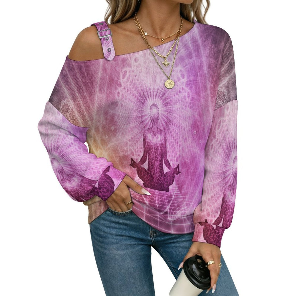 Pink Patterns, Religion, Faith Buckle Strap Asymmetrical Off Shoulder Knit Sweater