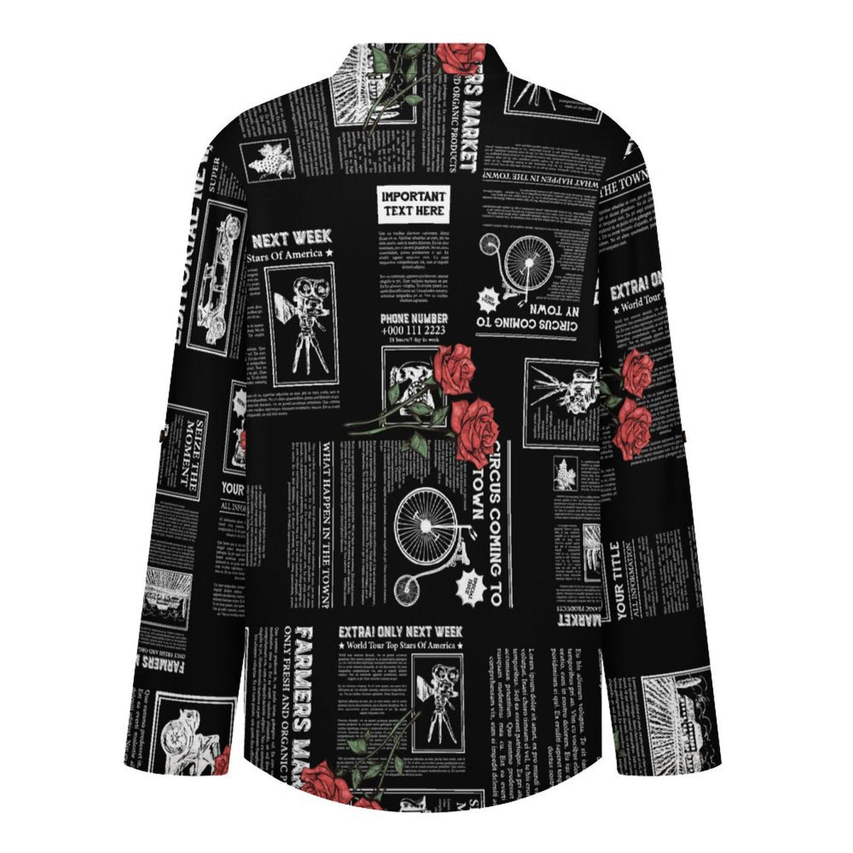 Versatile Notched V-Neck Tunic  Roll Tab 3/4 Sleeve Office Casual Top  Newspaper  Red Rose Black