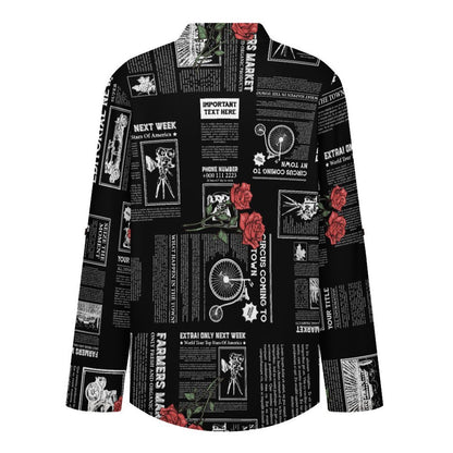 Versatile Notched V-Neck Tunic  Roll Tab 3/4 Sleeve Office Casual Top  Newspaper  Red Rose Black