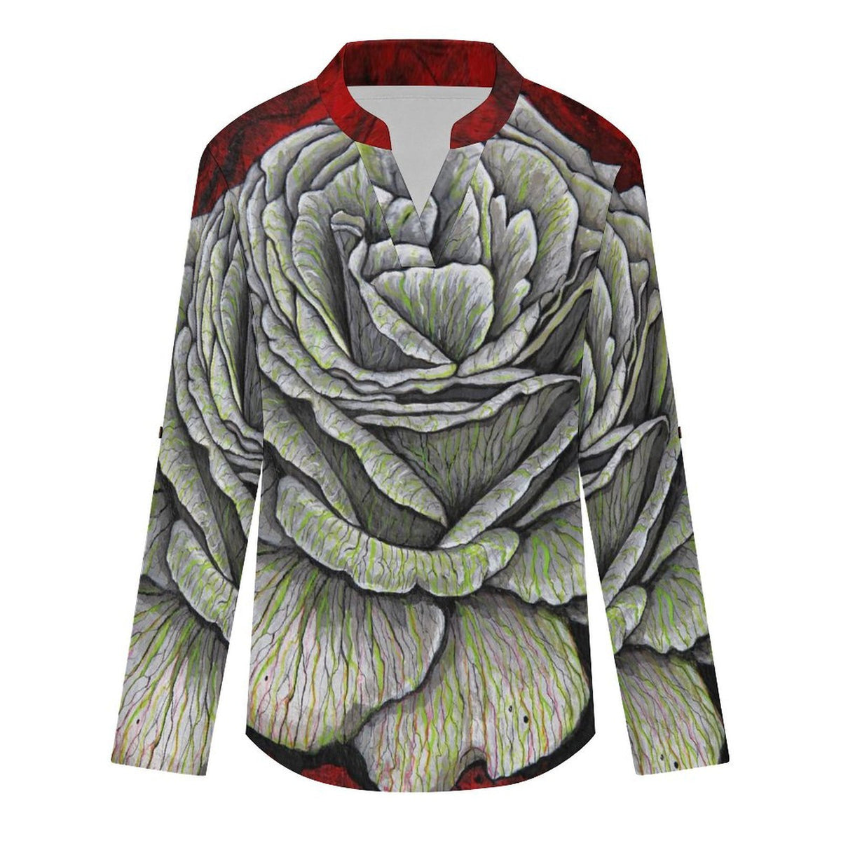 Stand-up Collar Long-sleeved Shirt Rose Artstic  Customization Women’s V-Neck Blouses,long Sleeve,Roll-Up Sleeve Shirt