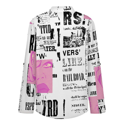Stand-up Collar Long-sleeved Shirt Newspaper Vintage Dress  Customization Women’s V-Neck Blouses,long Sleeve,Roll-Up Sleeve Shirt
