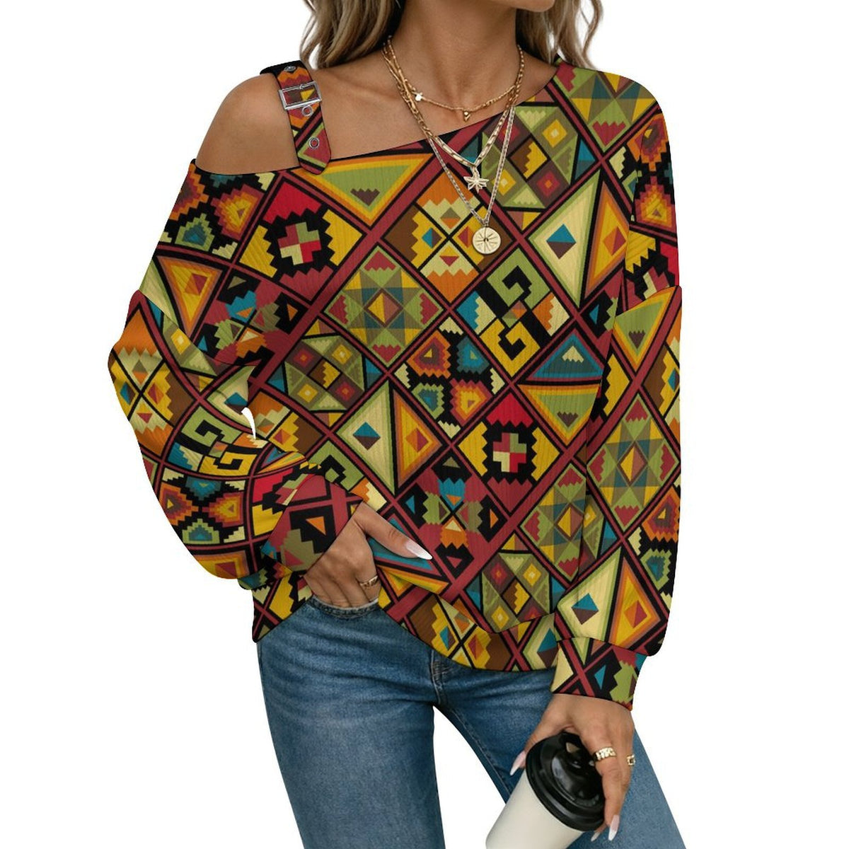 Off-the-shoulder Sweater Vintage Pattern  Asymmetric Cold Shoulder Knit Sweater for Women, Adjustable Buckle Strap Long Sleeve Casual Slouchy Pullover