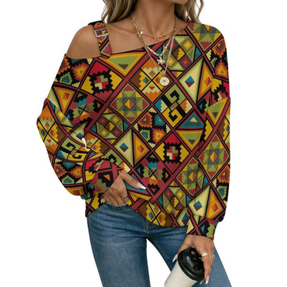 Off-the-shoulder Sweater Vintage Pattern  Asymmetric Cold Shoulder Knit Sweater for Women, Adjustable Buckle Strap Long Sleeve Casual Slouchy Pullover