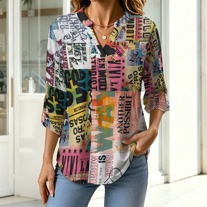 Stand-up Collar Long-sleeved Shirt Graffiti  Customization Women’s V-Neck Blouses,long Sleeve,Roll-Up Sleeve Shirt