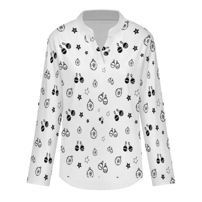 Stand-up Collar Long-sleeved Shirt Black And White, Stars, Bells  Customization Women’s V-Neck Blouses,long Sleeve,Roll-Up Sleeve Shirt