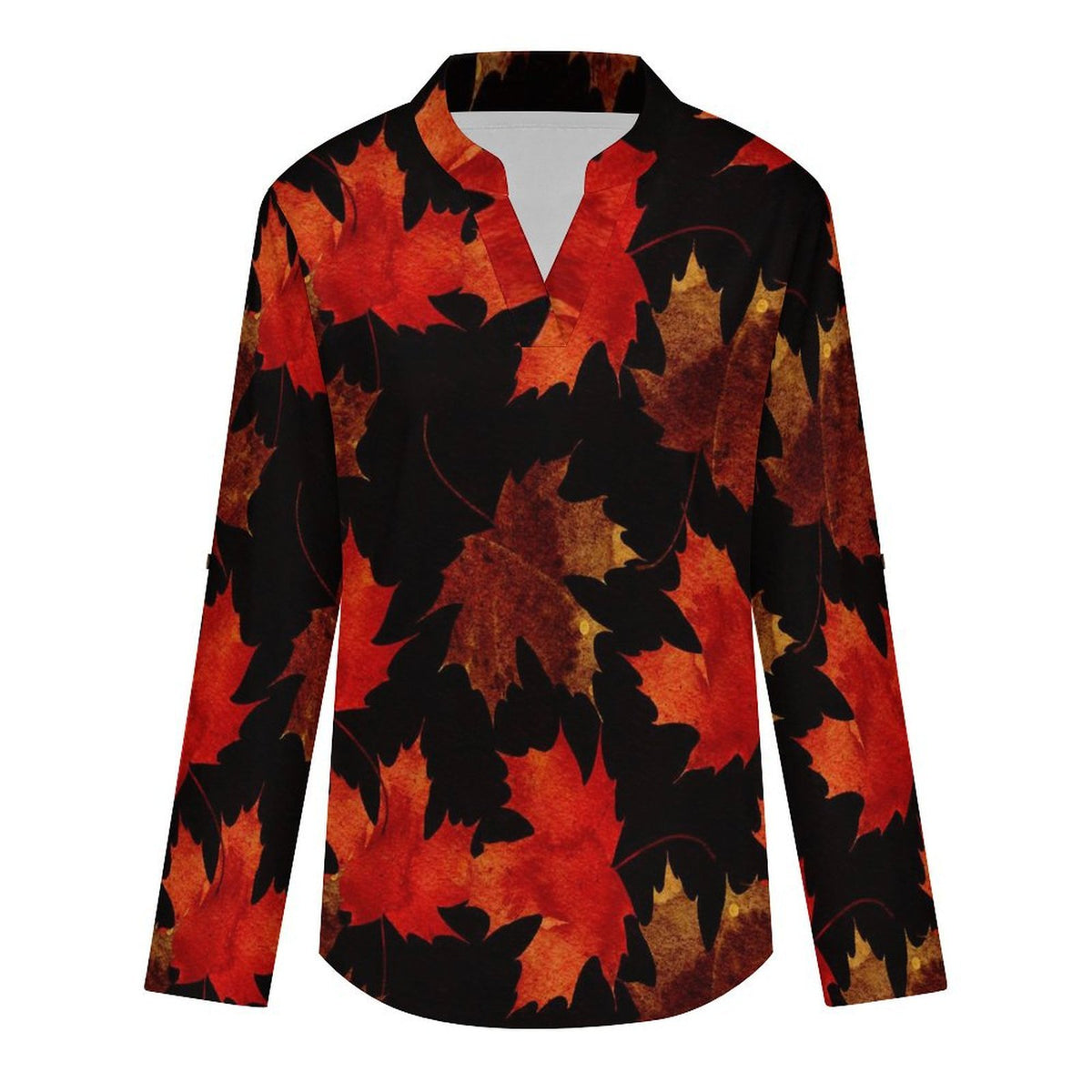 Stand-up Collar Long-sleeved Shirt Leaf Plant Pattern  Customization Women’s V-Neck Blouses,long Sleeve,Roll-Up Sleeve Shirt