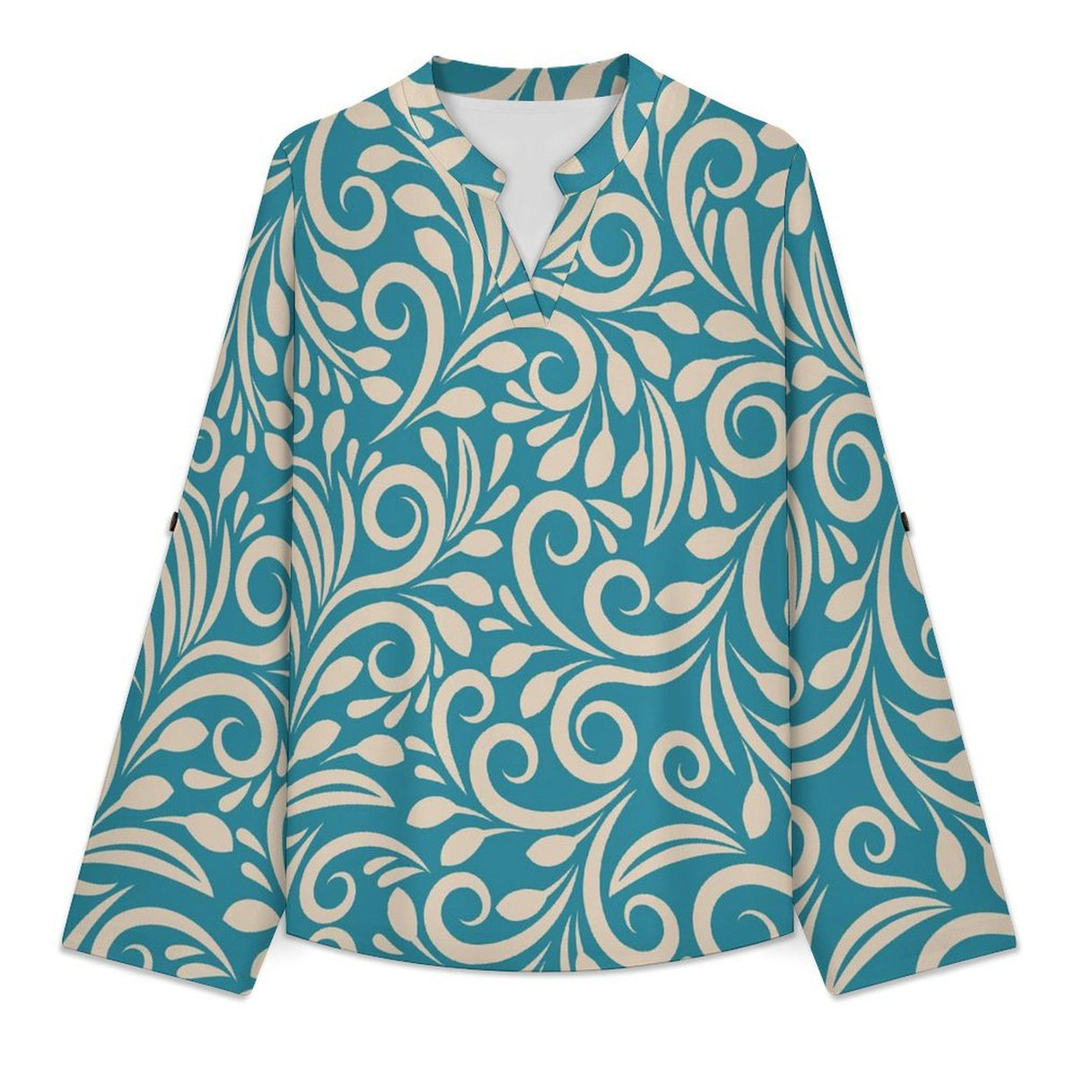 Stand-up Collar Long-sleeved Shirt Blue Totem, Background  Customization Women’s V-Neck Blouses,long Sleeve,Roll-Up Sleeve Shirt
