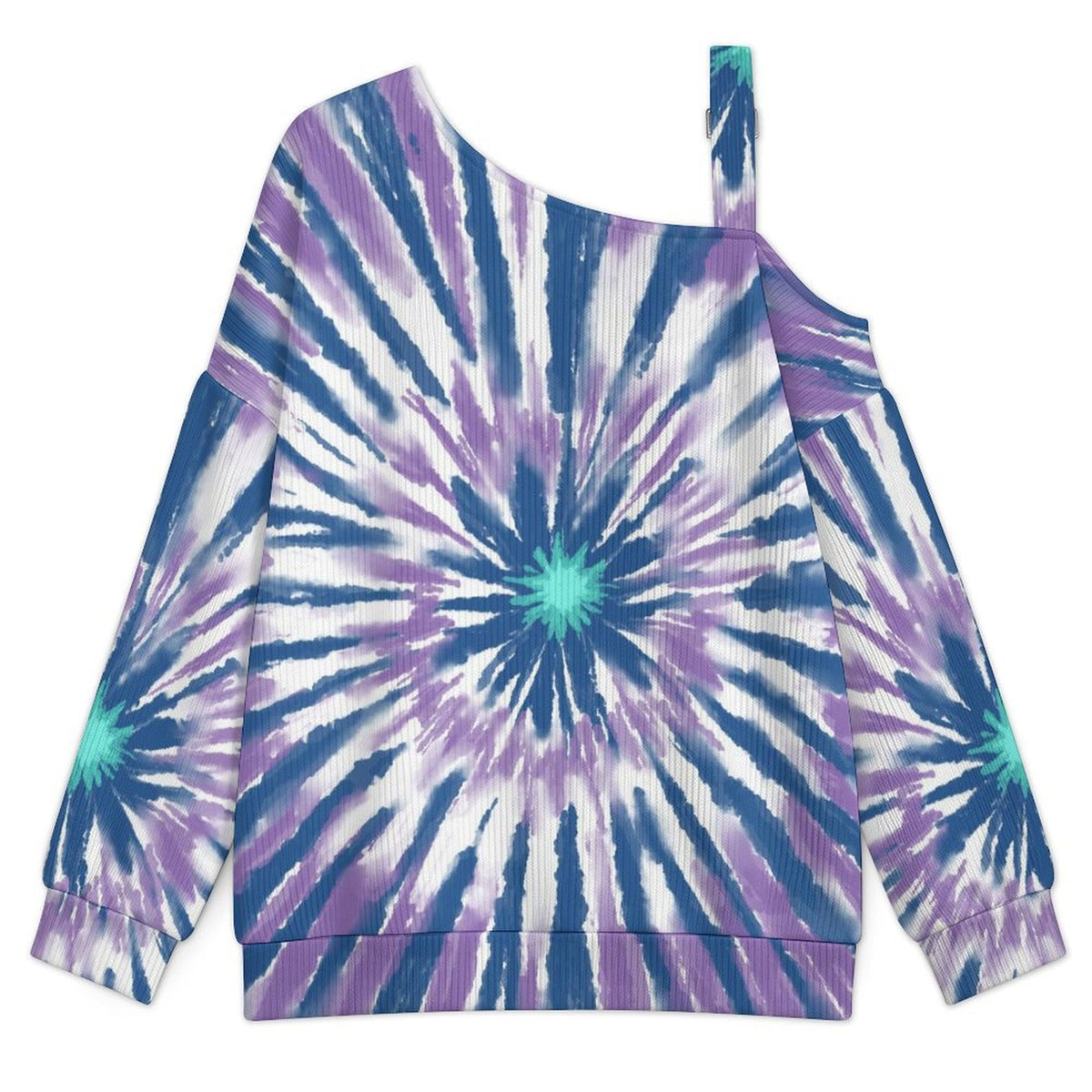 Off-the-shoulder Sweater Tie-dye Radiation Blue Purple  Asymmetric Cold Shoulder Knit Sweater for Women, Adjustable Buckle Strap Long Sleeve Casual Slouchy Pullover