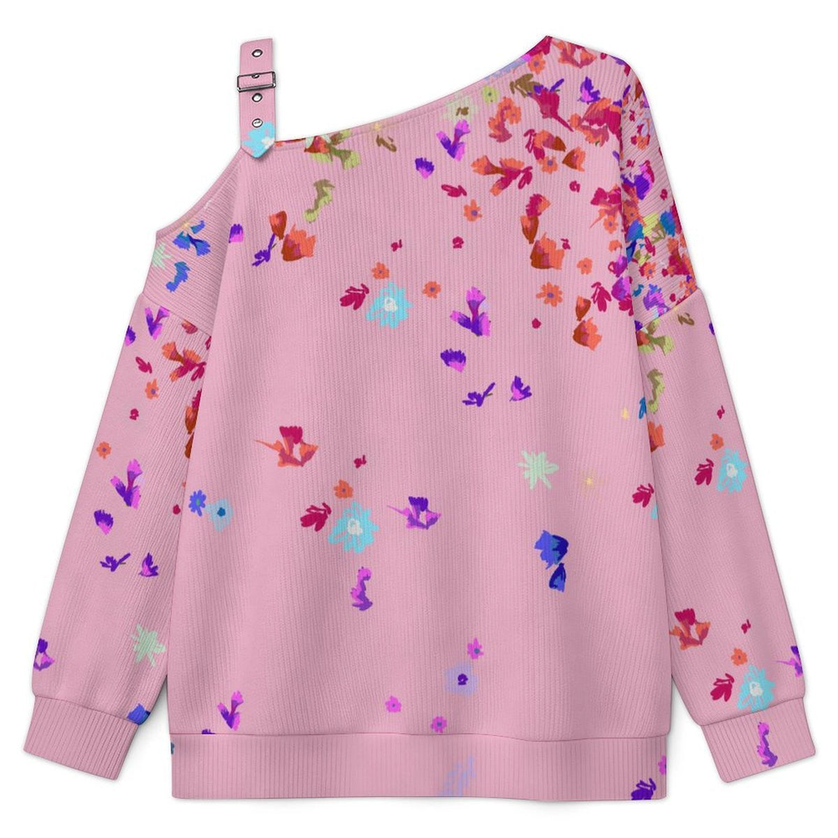 Off-the-shoulder Sweater Floral Pattern  Asymmetric Cold Shoulder Knit Sweater for Women, Adjustable Buckle Strap Long Sleeve Casual Slouchy Pullover