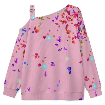 Off-the-shoulder Sweater Floral Pattern  Asymmetric Cold Shoulder Knit Sweater for Women, Adjustable Buckle Strap Long Sleeve Casual Slouchy Pullover