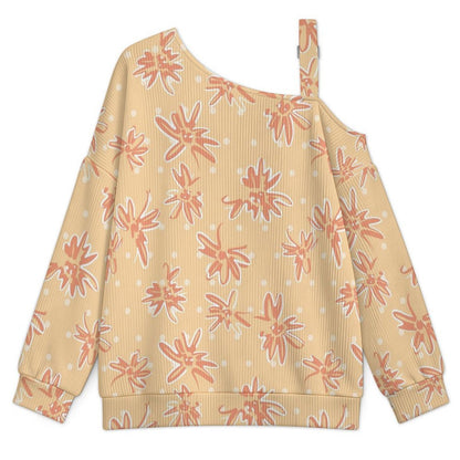 Off-the-shoulder Sweater Floral Pattern  Asymmetric Cold Shoulder Knit Sweater for Women, Adjustable Buckle Strap Long Sleeve Casual Slouchy Pullover