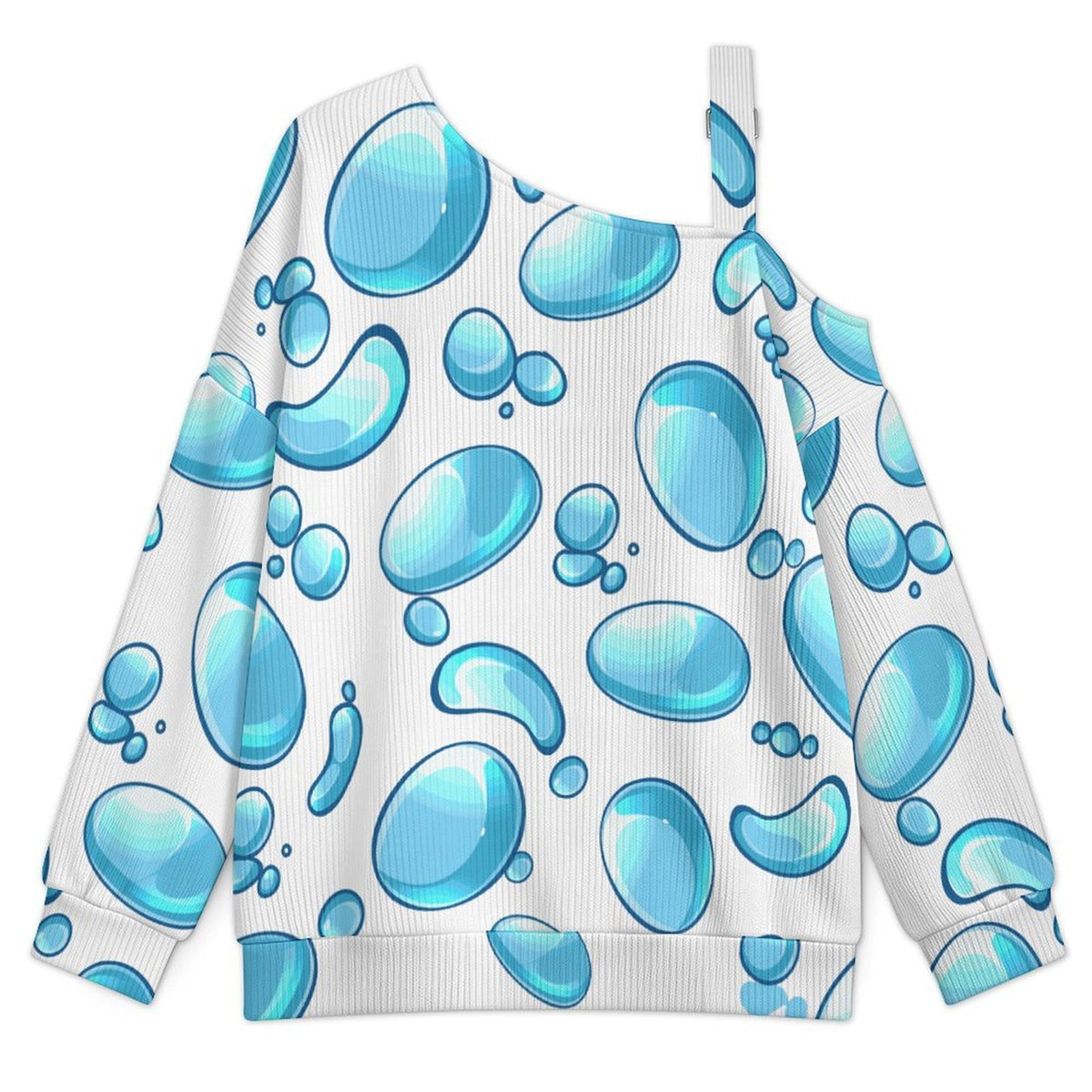 Blue Water Droplets Fall Casual Asymmetric Shoulder Knit Top with Buckle Detail