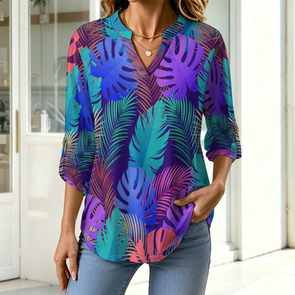 Stand-up Collar Long-sleeved Shirt Color, Leaves, Summer  Customization Women’s V-Neck Blouses,long Sleeve,Roll-Up Sleeve Shirt