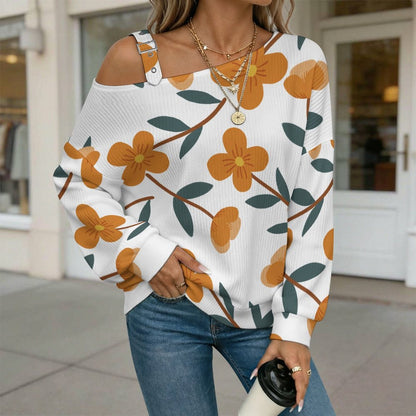 Off-the-shoulder Sweater Orange Flower Tile Decorative Pattern  Asymmetric Cold Shoulder Knit Sweater for Women, Adjustable Buckle Strap Long Sleeve Casual Slouchy Pullover