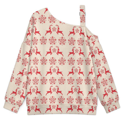 Off-the-shoulder Sweater Christmas-snowflake-reindeer-red-tiled-repeat  Asymmetric Cold Shoulder Knit Sweater for Women, Adjustable Buckle Strap Long Sleeve Casual Slouchy Pullover