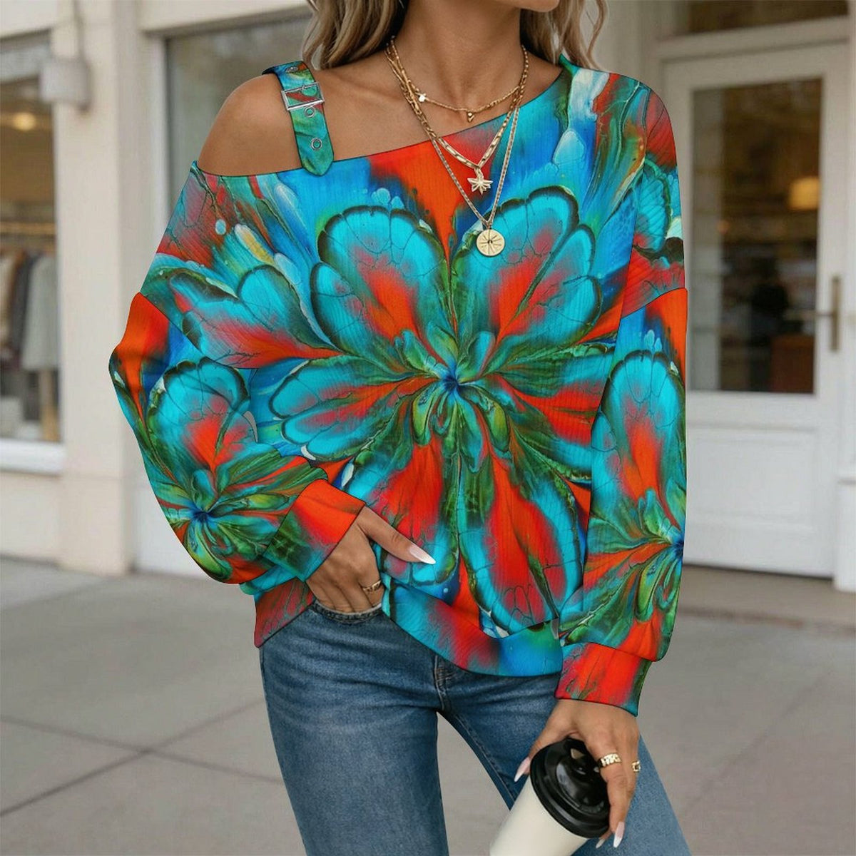 Off-the-shoulder Sweater Floral Pattern  Asymmetric Cold Shoulder Knit Sweater for Women, Adjustable Buckle Strap Long Sleeve Casual Slouchy Pullover